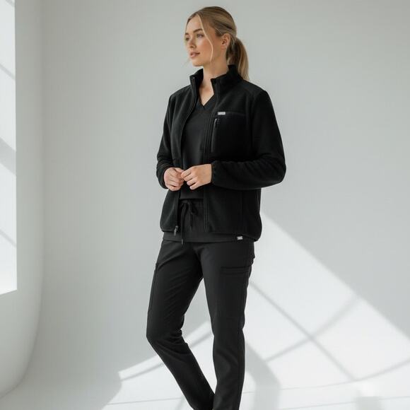 Figs Jackets & Blazers - FIGS On-Shift Fleece Jacket Women's Sz XS Black Full Zip Cozy Healthcare Chic